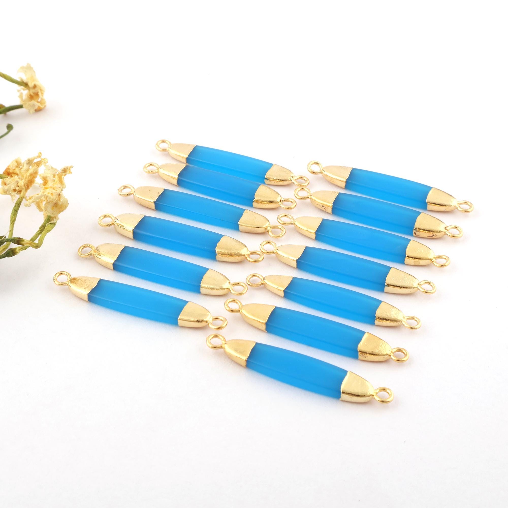 6x29 MM Long Oval Shape Gemstone Connector, Gold Electroplated Double Bail Charm