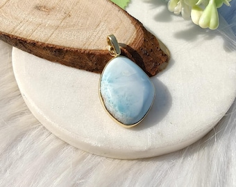 Natural Fancy Shape Larimar Pendant For Necklace Making, Gold Plated Brass Handmade Jewelry Components