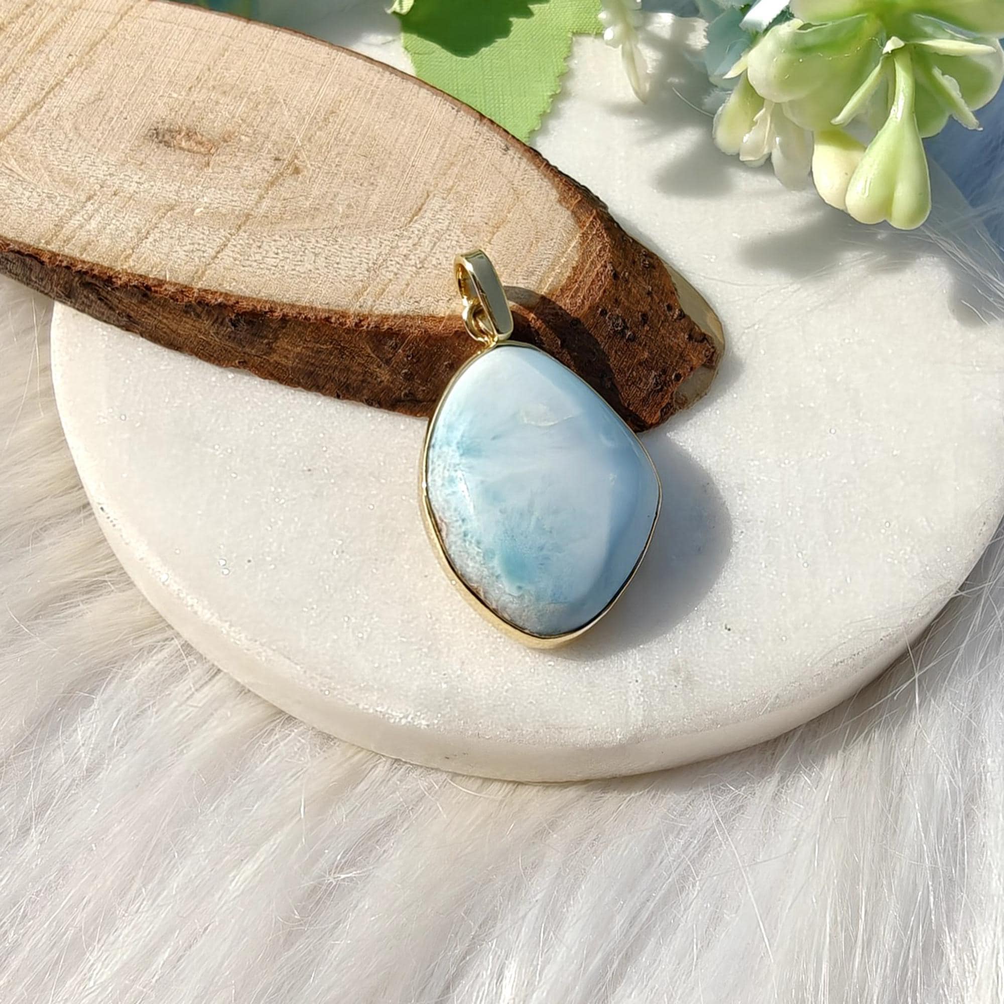 Natural Fancy Shape Larimar Pendant, Gold Plated Brass