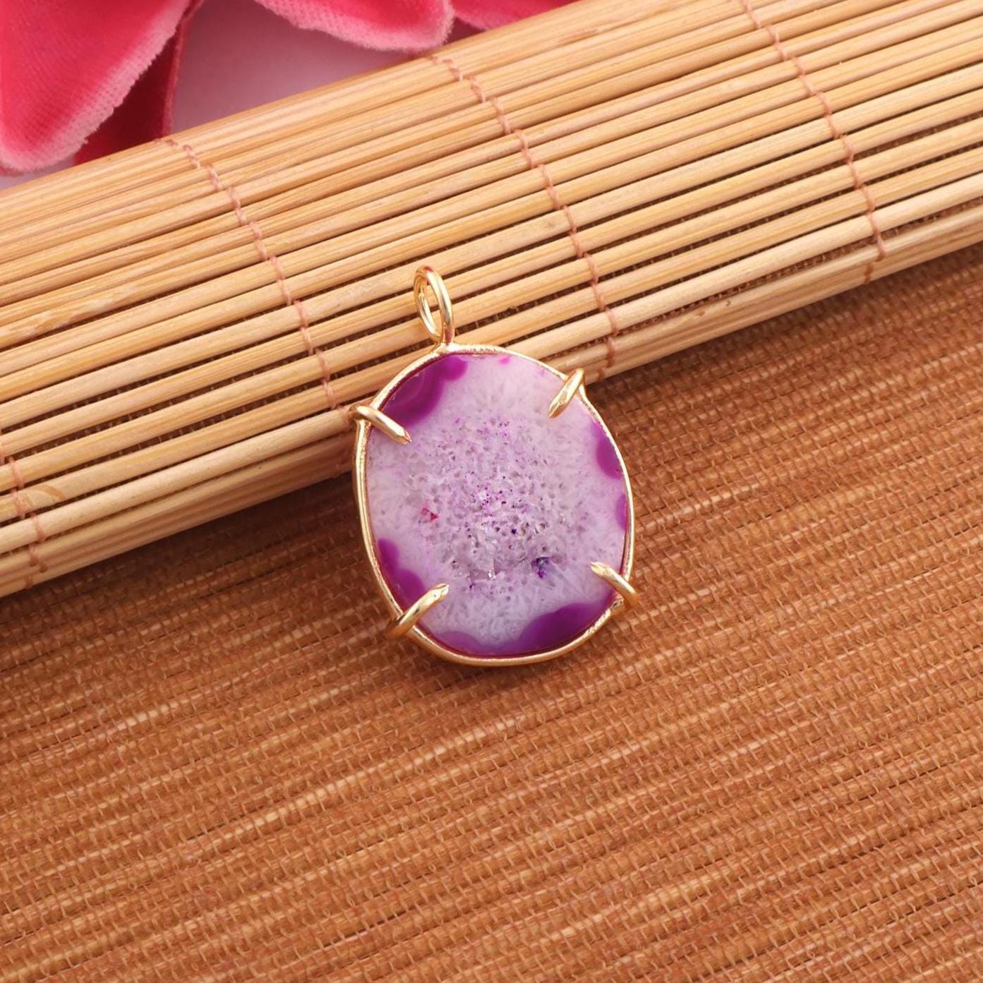 Purple Geode Druzy Pendant, Gold Plated Minimalist Charm Prong Setting Minimalist