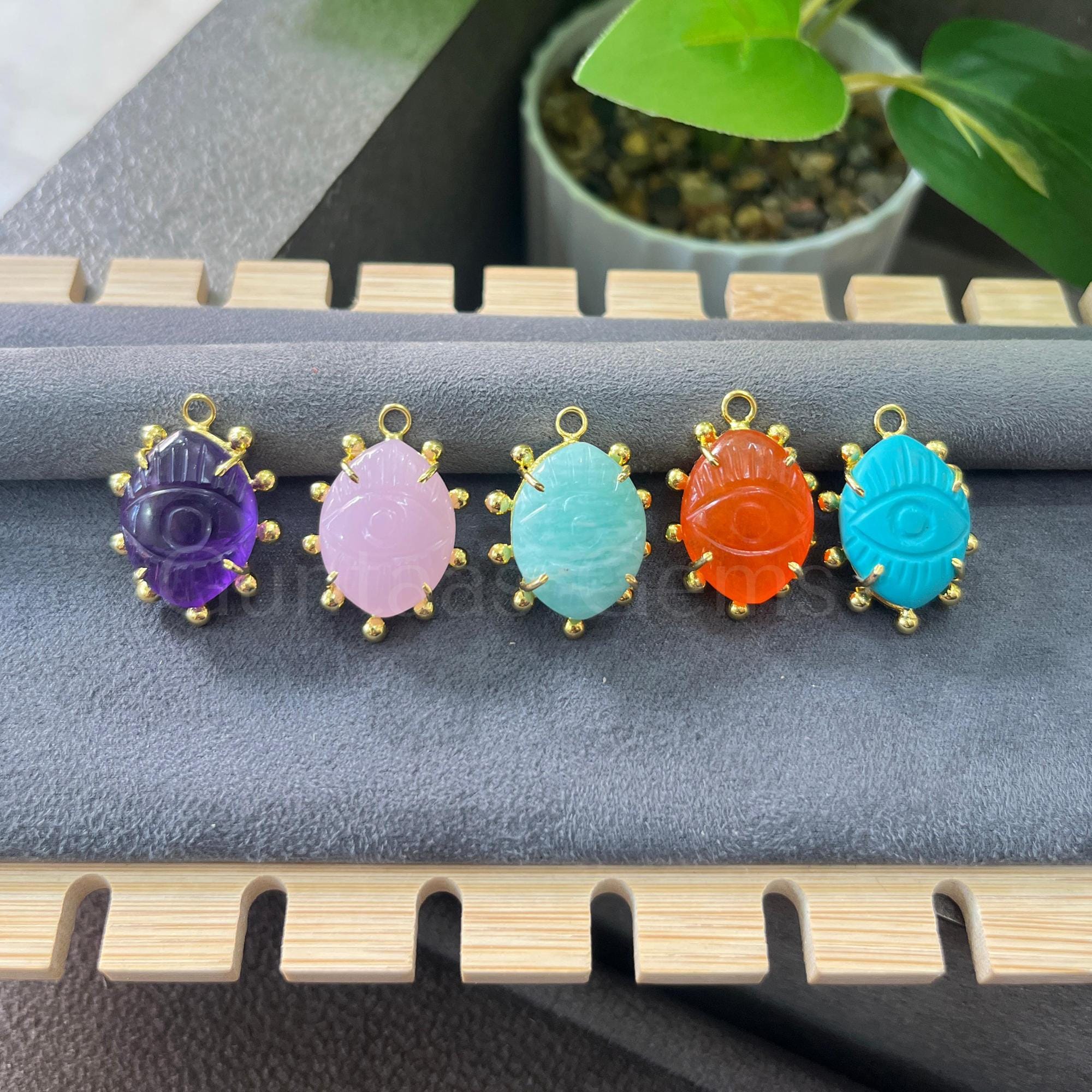 Carved Evil Eye Gemstone Pendant, Gold Plated Brass Jewelry Connector