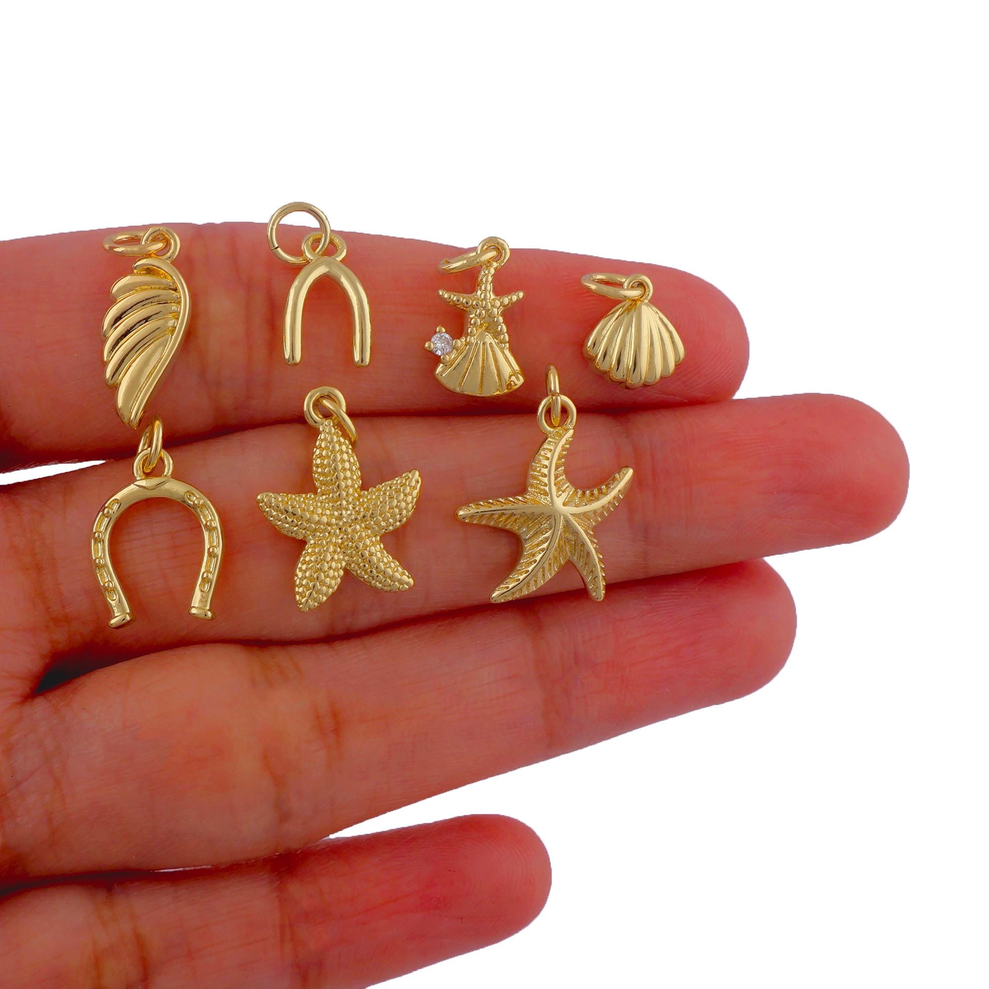 18k Gold Plated Starfish Seashell, Horseshoe Charm Pendant Necklace