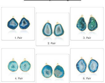 Blue Geode Druzy Earring Pairs: Gold Plated Bezel Set DIY Jewelry Finding