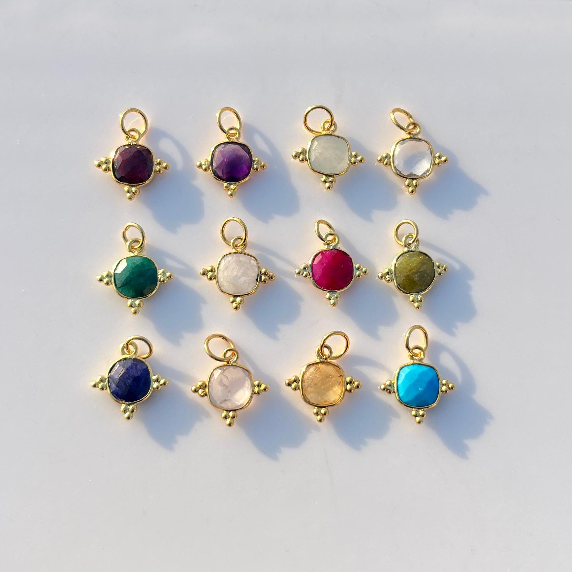 Gold Plated Birthstone Pendant, Cushion Cut Gemstone Bezel Set Charm Connector (8mm)