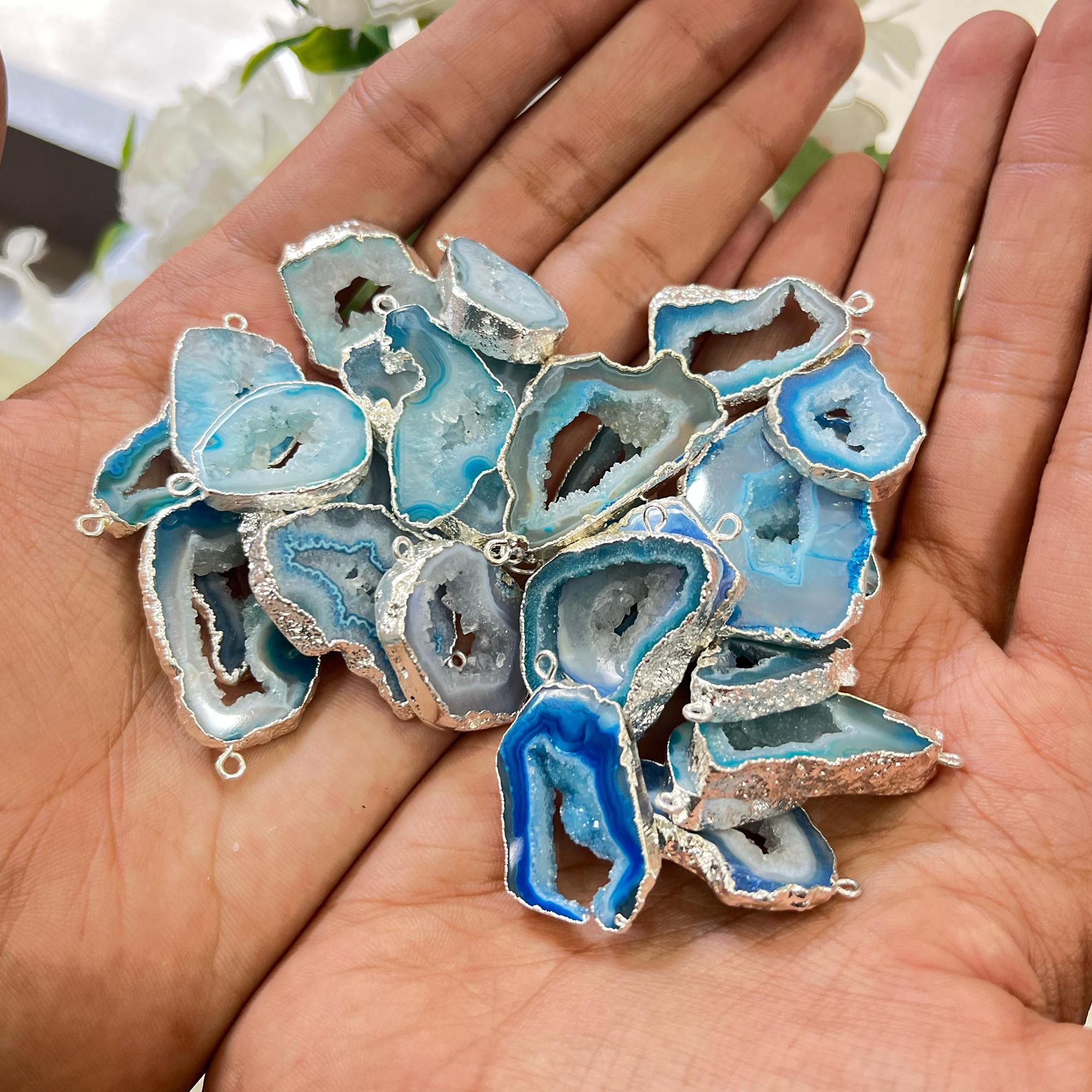 Sky Blue Agate Geode Slice Charm: Silver Electroplated Pendant