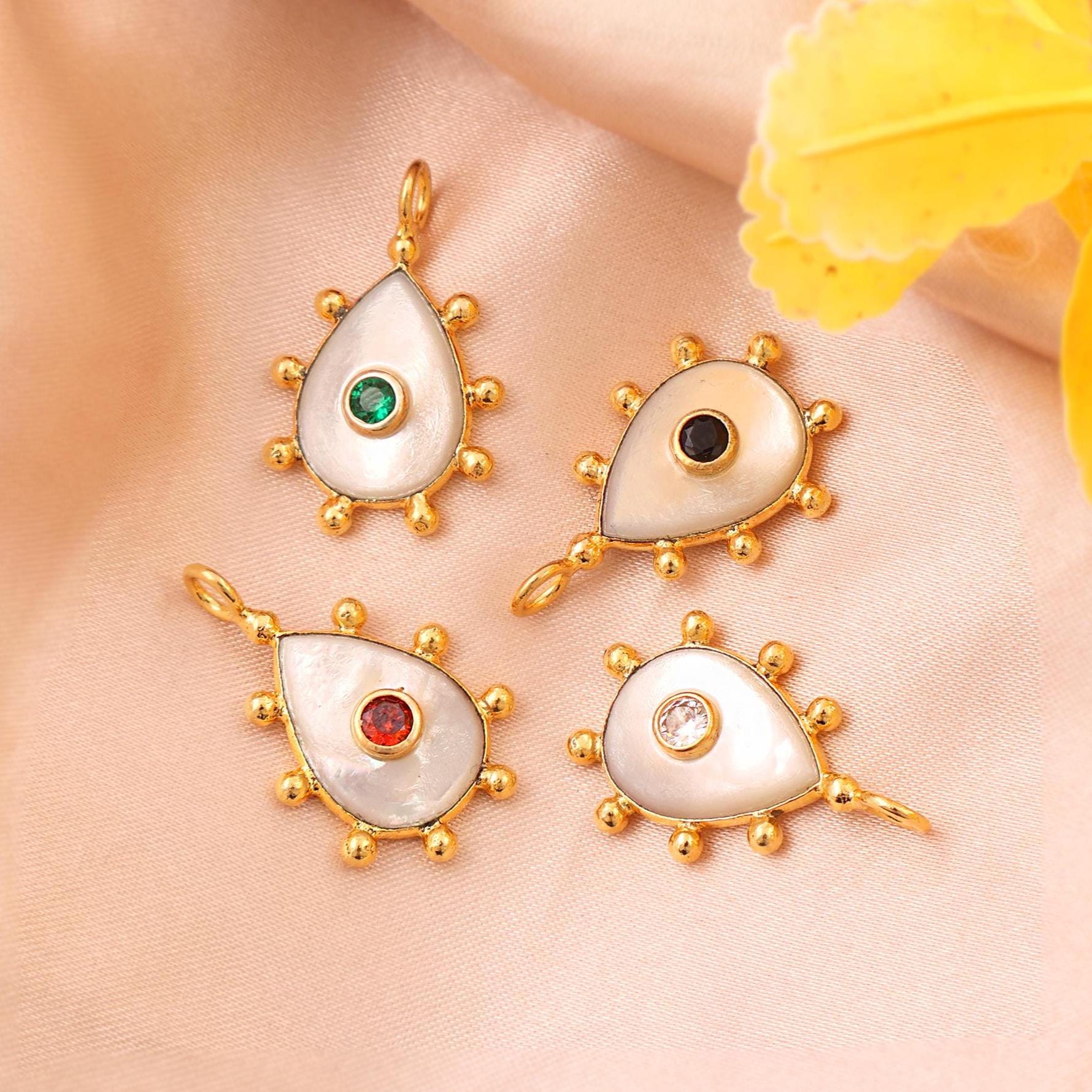 Pear Mother Of Pearl Pendant with CZ Accents, Gold Plated Brass Bezel