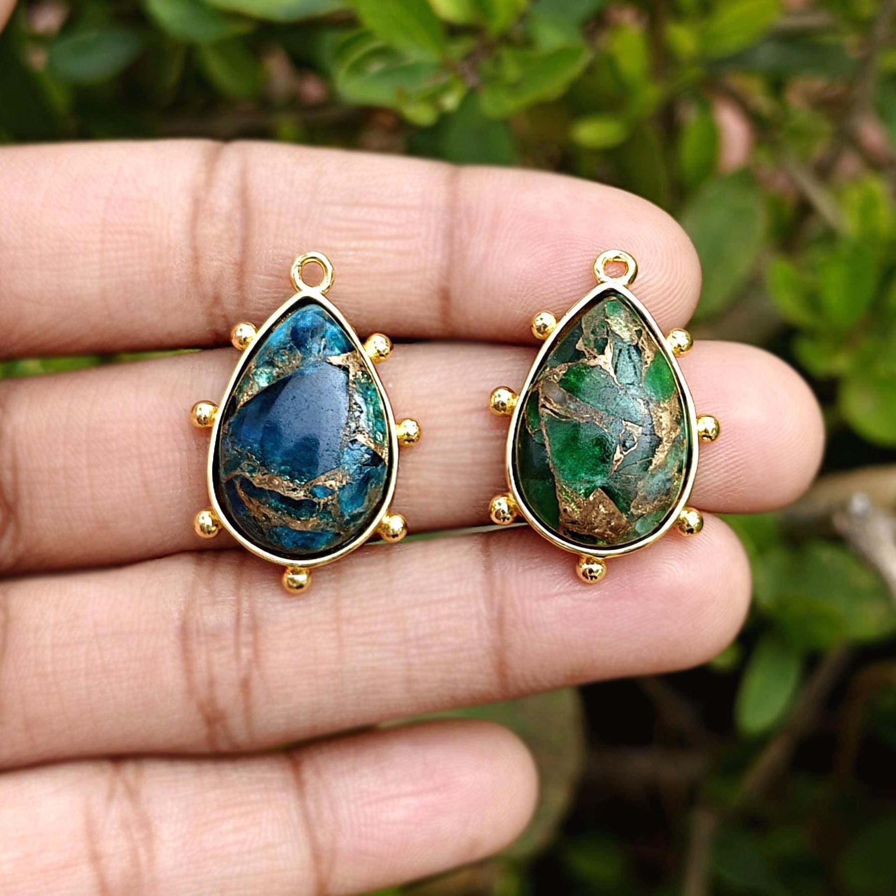 Emerald Jade, Apatite Jade Mohave Turquoise Pear Pendant Connector