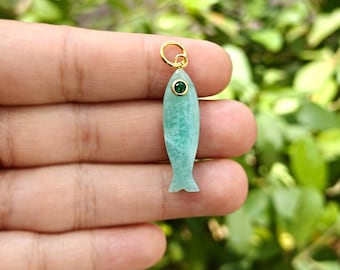 Natural Amazonite Fish Pendant with Emerald Quartz Eye Lucky Fish Necklace Making Gold Plated