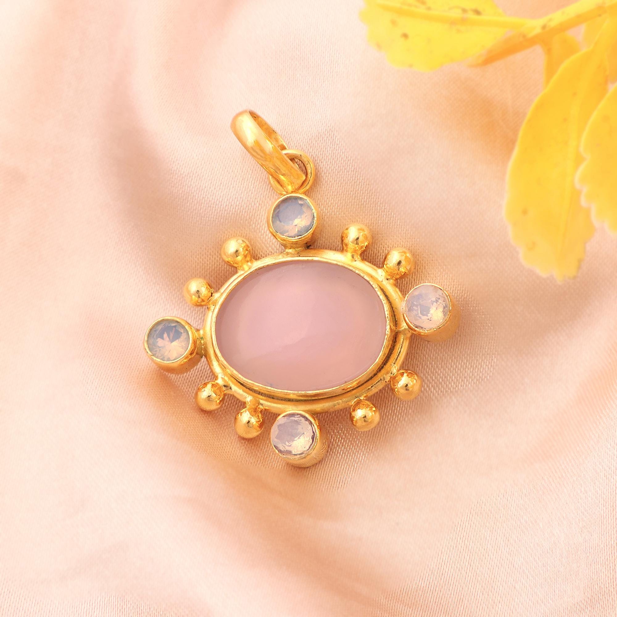 Pink Chalcedony with Opalite Quartz Oval Pendant, Gold Plated Necklace