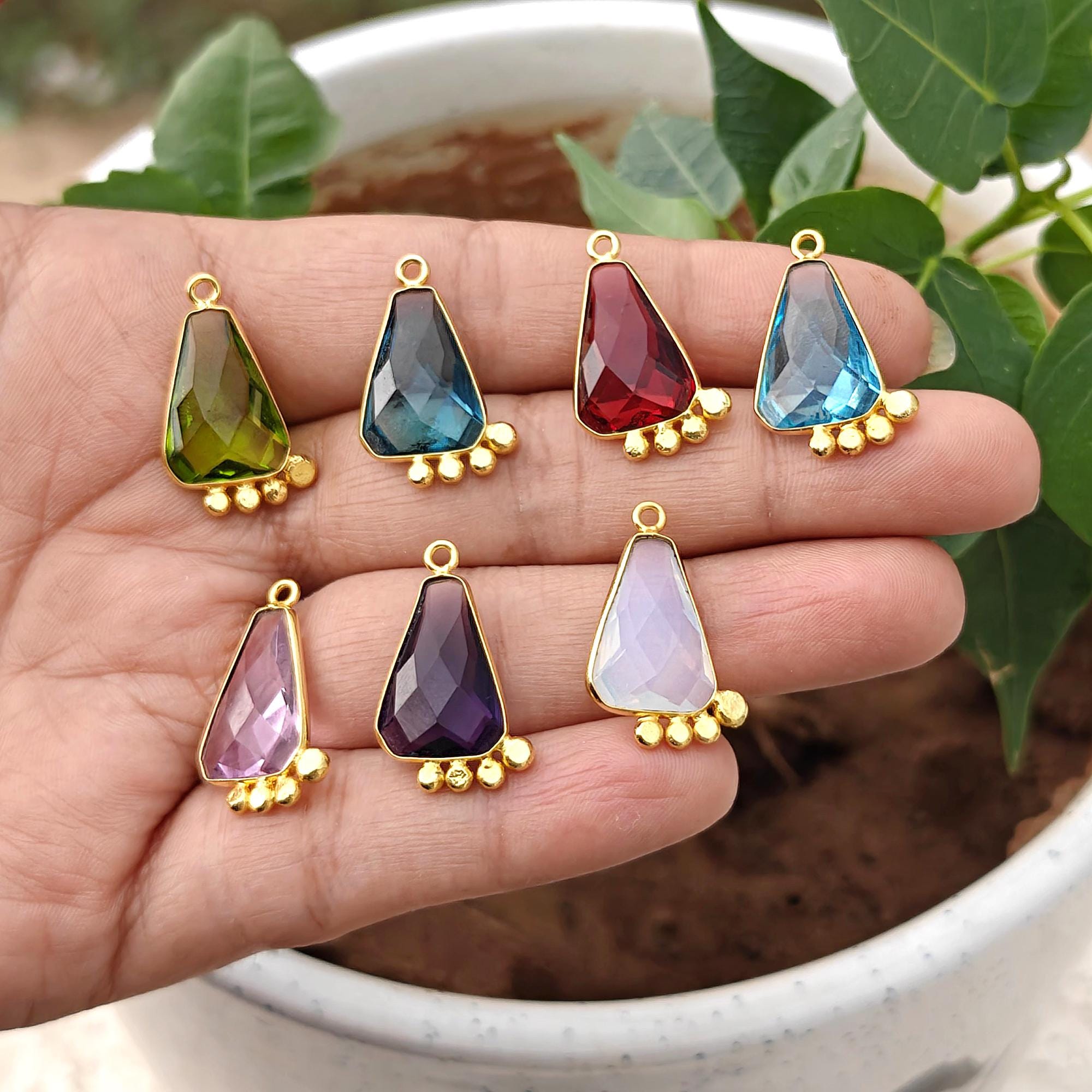 Hydro Quartz Gemstone Pendant Charms, Gold Plated Bezel Set Triangle