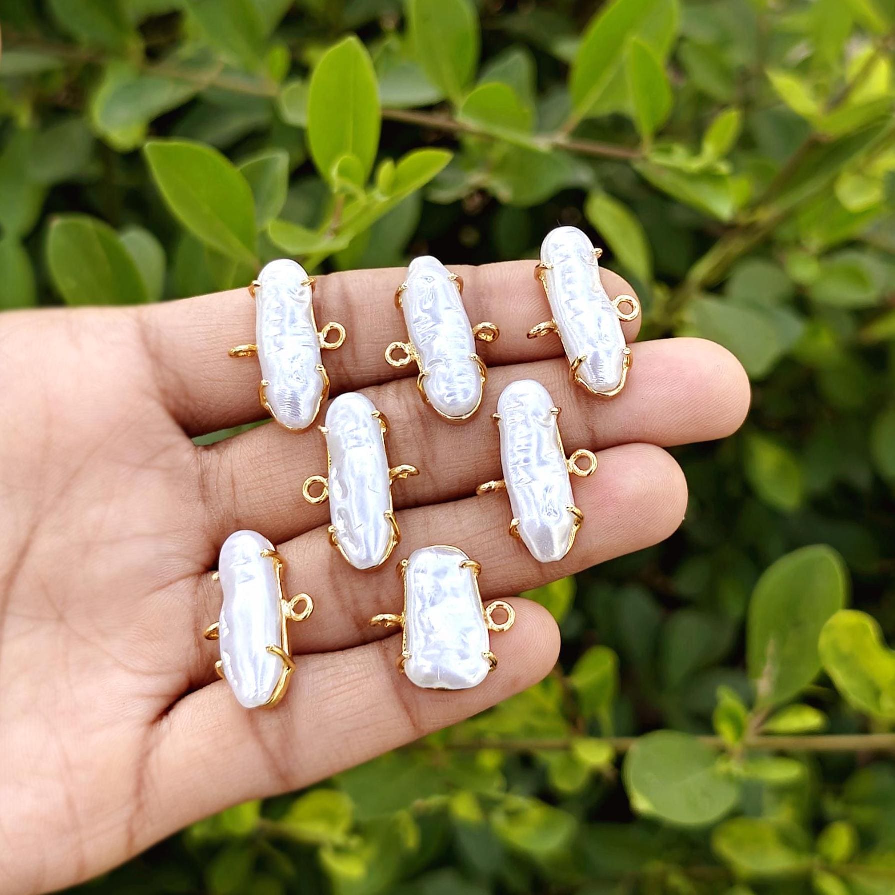 Korean Cotton Pearl Gold Plated Connector Charms, Prong Set Pendant Bracelet (8 Pcs)