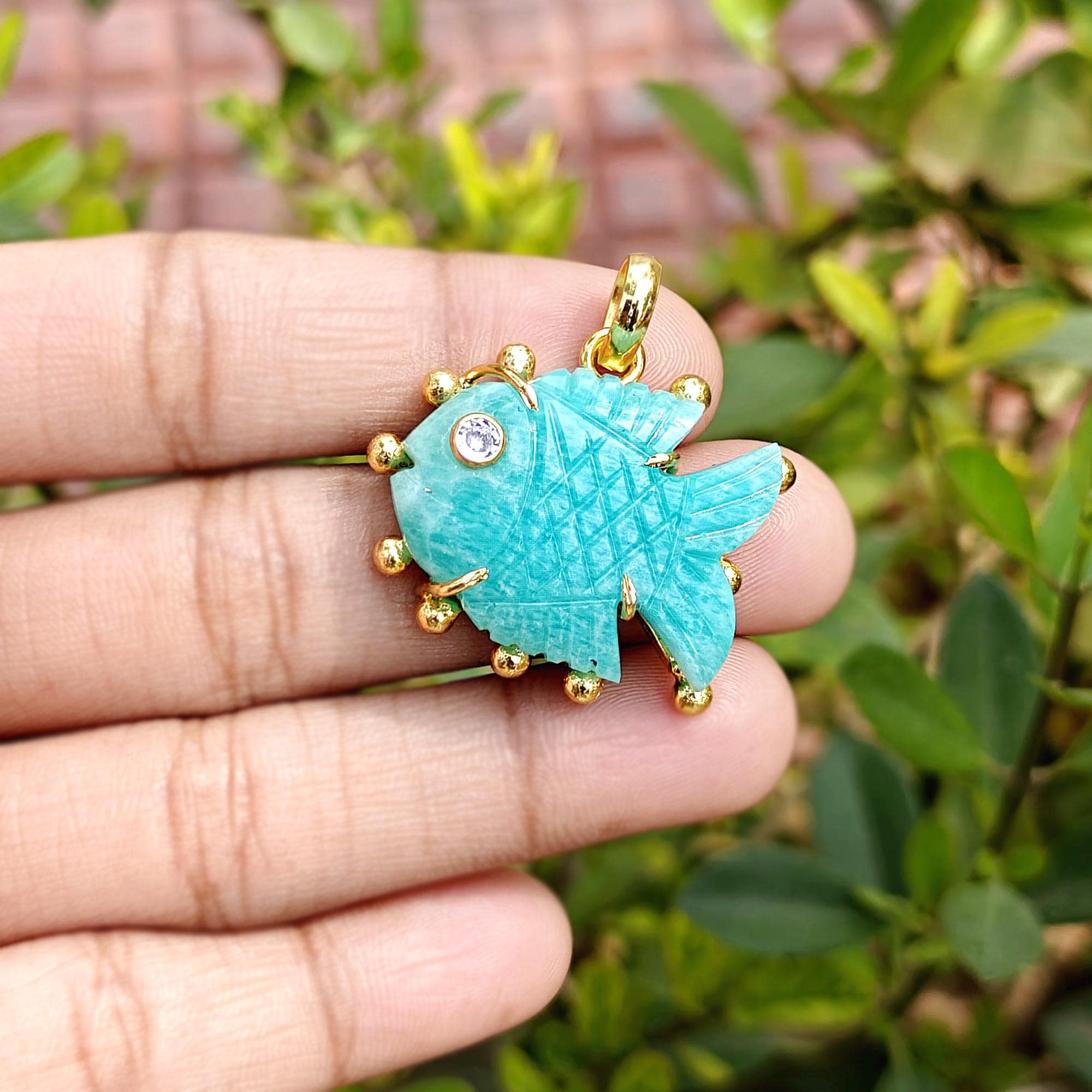 Natural Amazonite Fish Pendant, Carved Gemstone White CZ Eye Charms