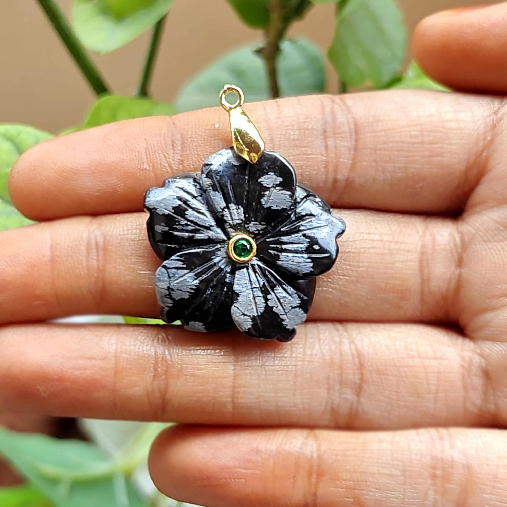 Snowflake Obsidian Flower Pendant with Emerald CZ, Gold Plated Boho Charm