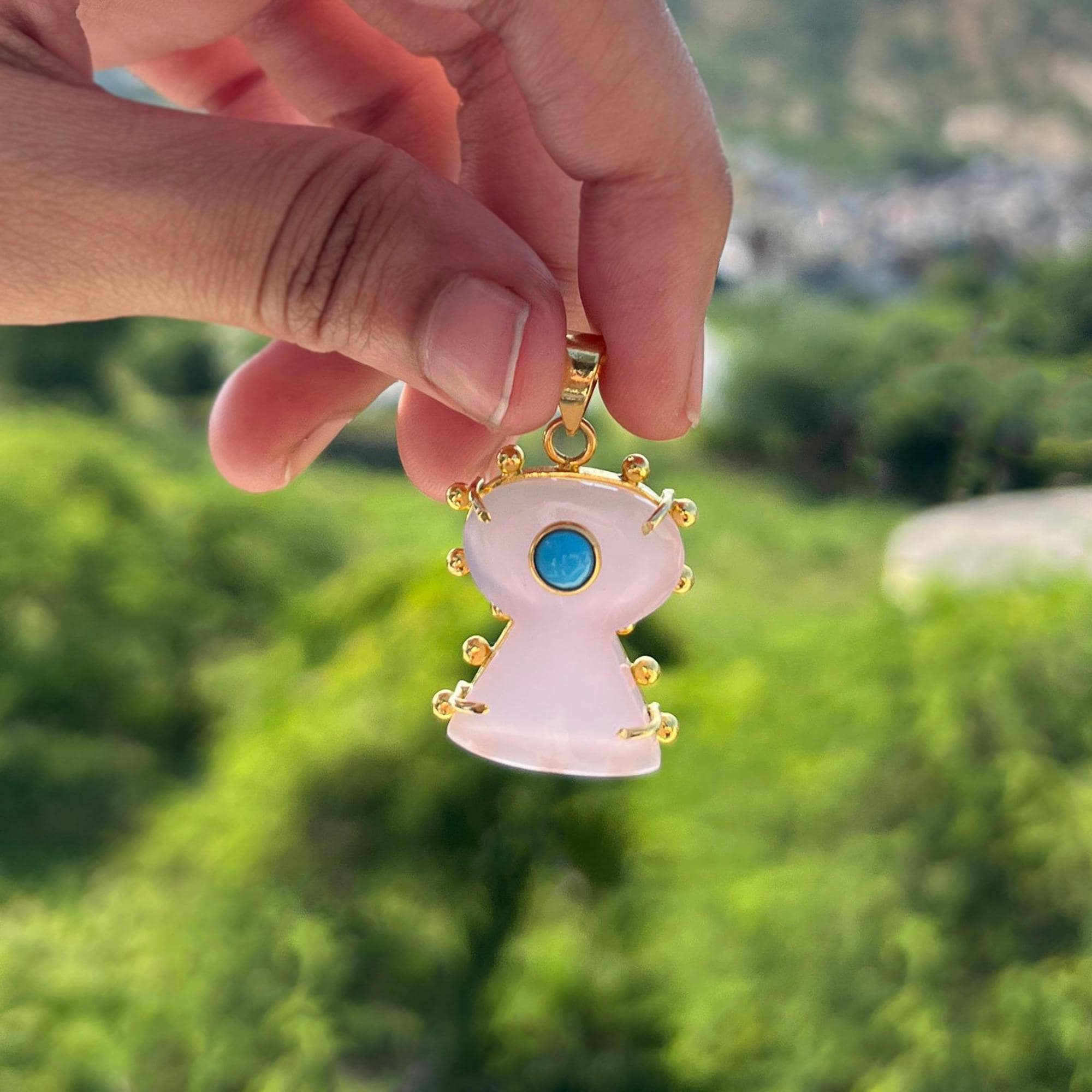 Pink Chalcedony Mushroom Pendant, Gold Plated Turquoise Charm