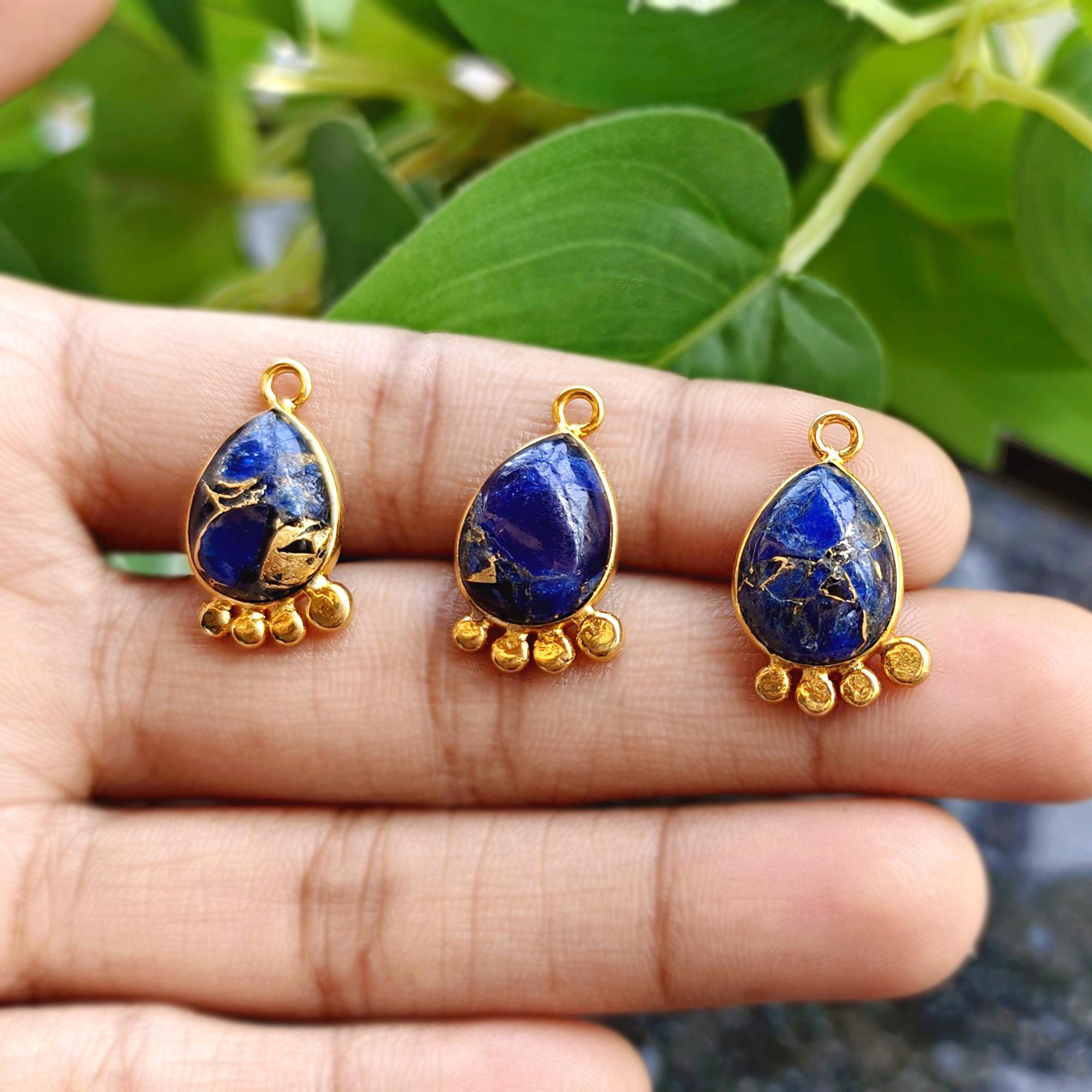 Blue Sapphire Jade Mohave Copper Turquoise Charm Connector, Gold Plated Bezel Pendant