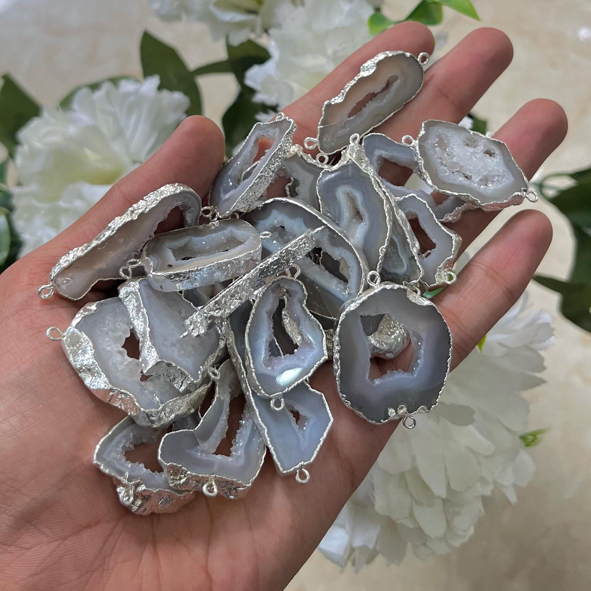 Silver Electroplated Agate Geode Druzy Connectors, Double Bail Agate Slice Charms