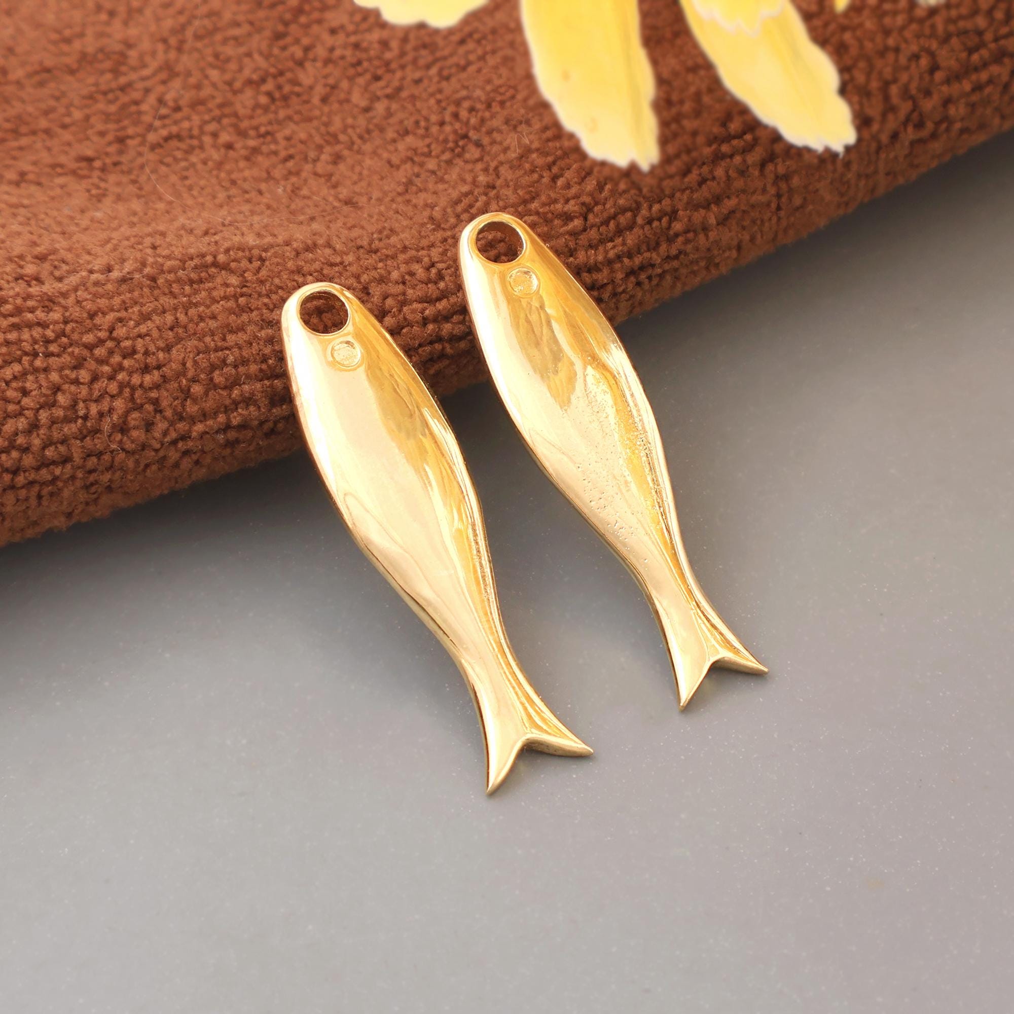 18k Shiny Gold Plated Fish Pendant Charm, 32mm Fish Minimal