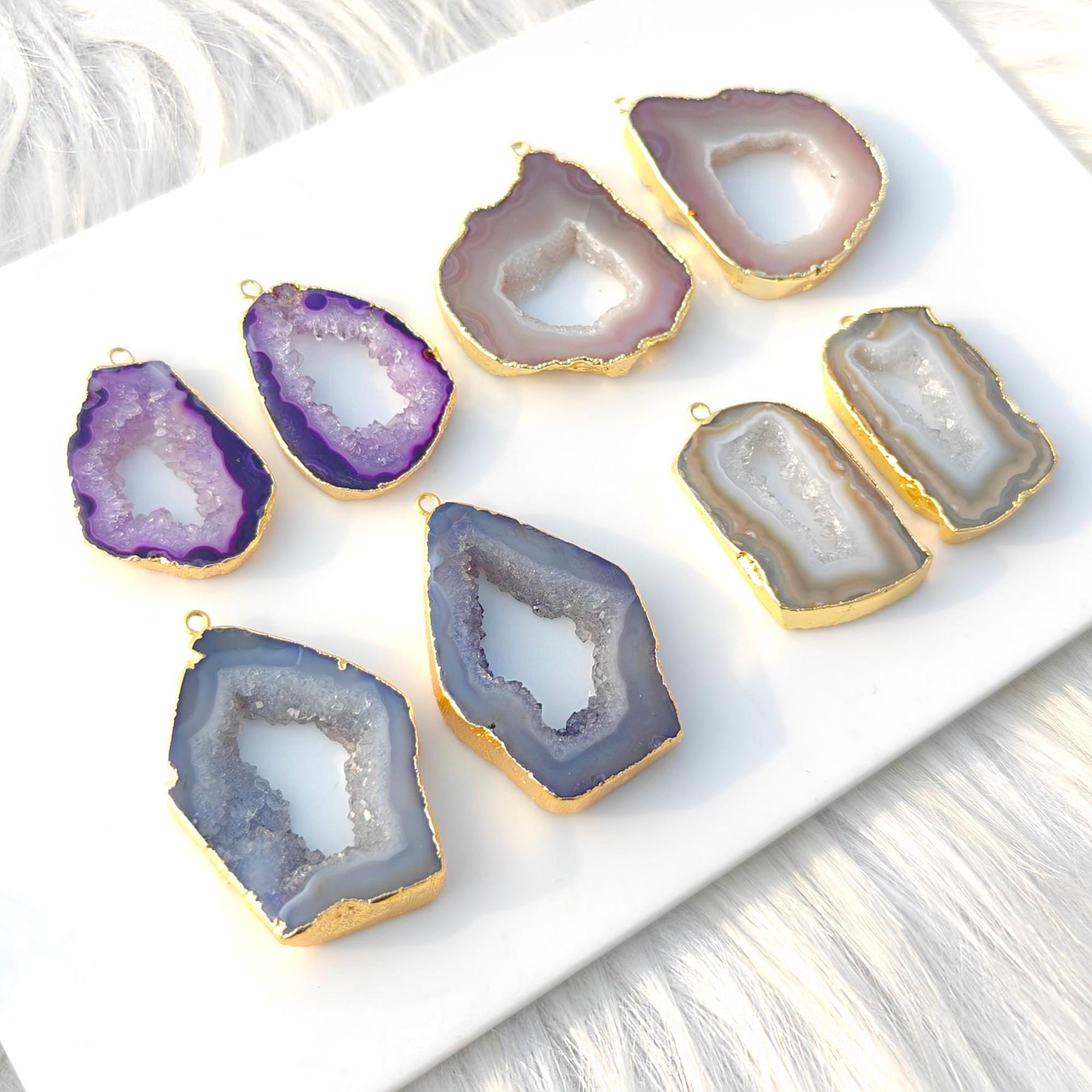 Agate Slice Pair Connector, Gold Electroplated Earring, Geode Slice