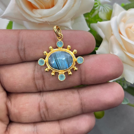 Labradorite Chalcedony Oval Pendant: Gold Plated Handmade Jewelry Necklace Connector