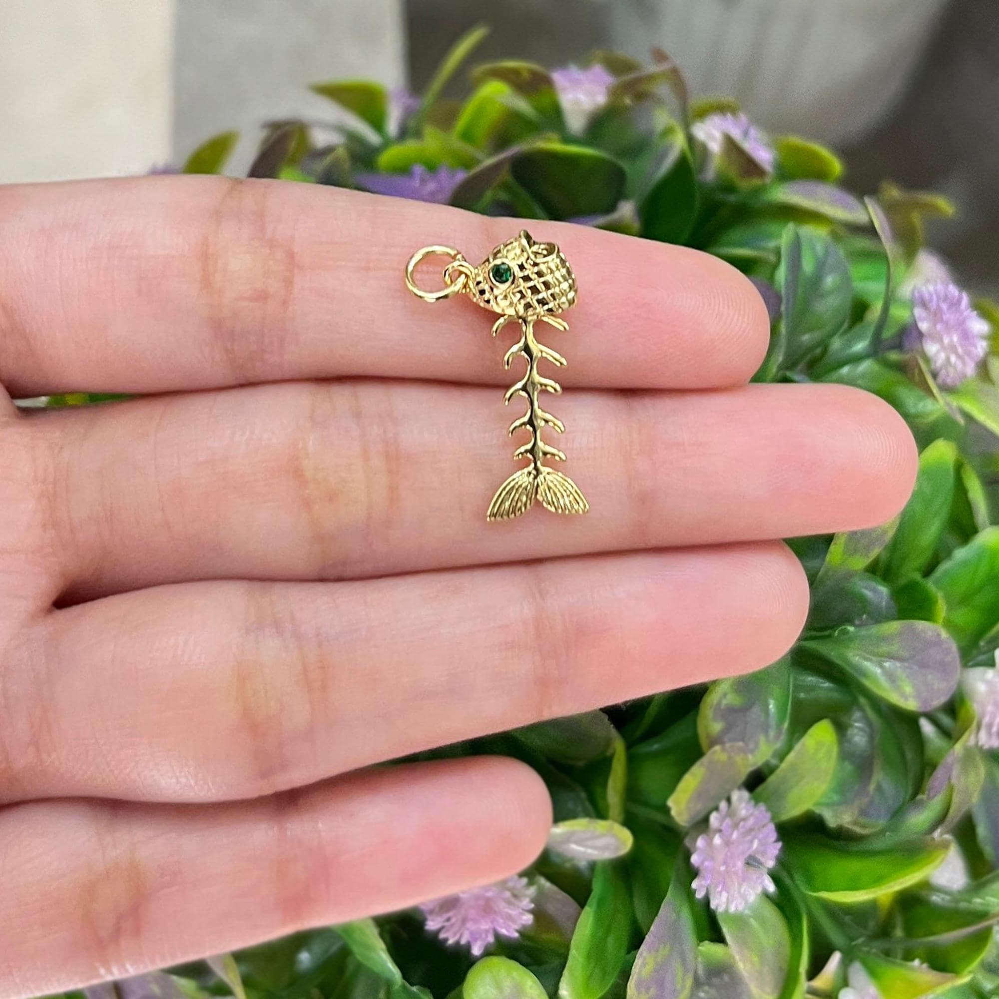 18K Gold Filled Fish Bone Pendant, CZ Micro Pave Charm
