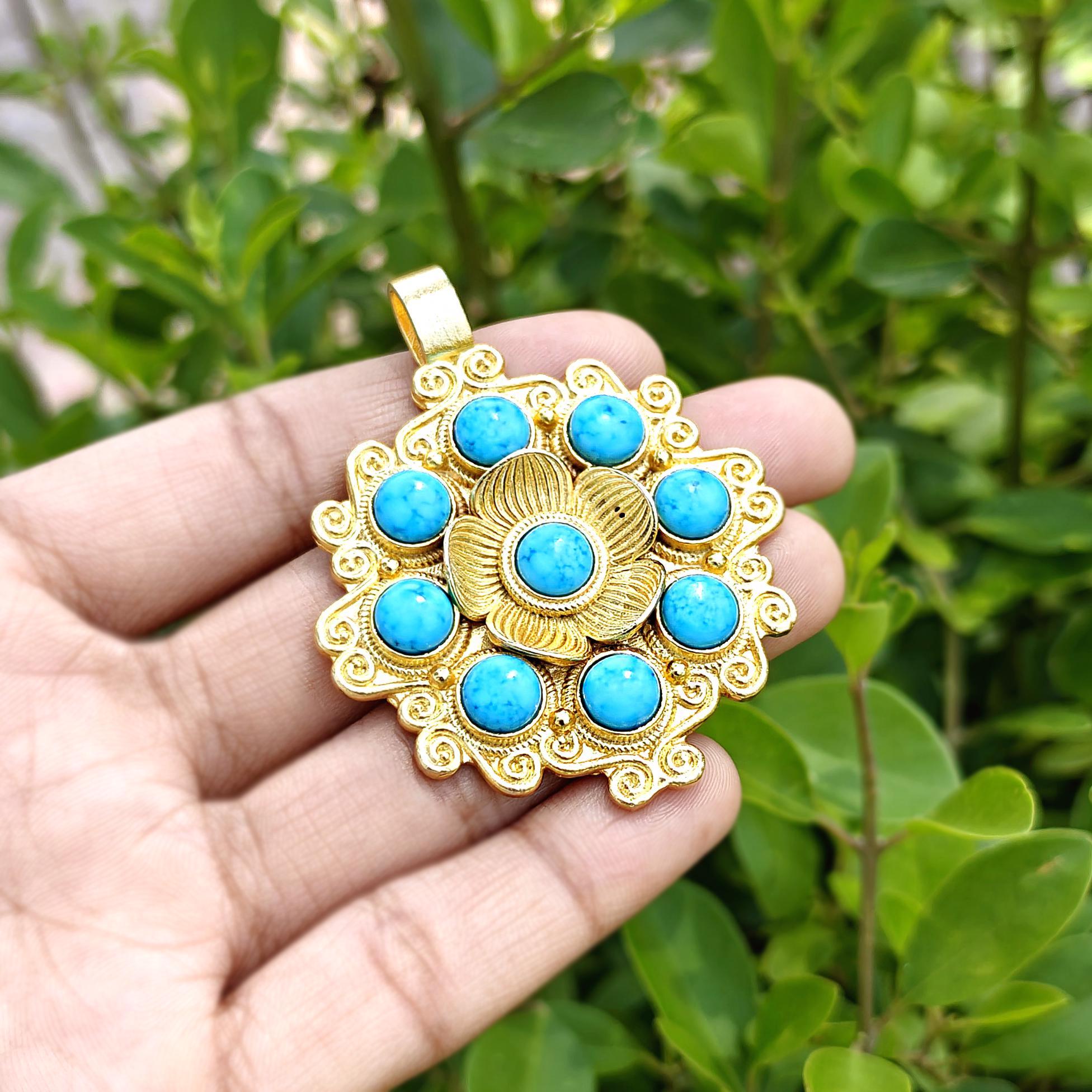 Turquoise Flower Pendant Gold Plated, Boho Floral Necklace Charm