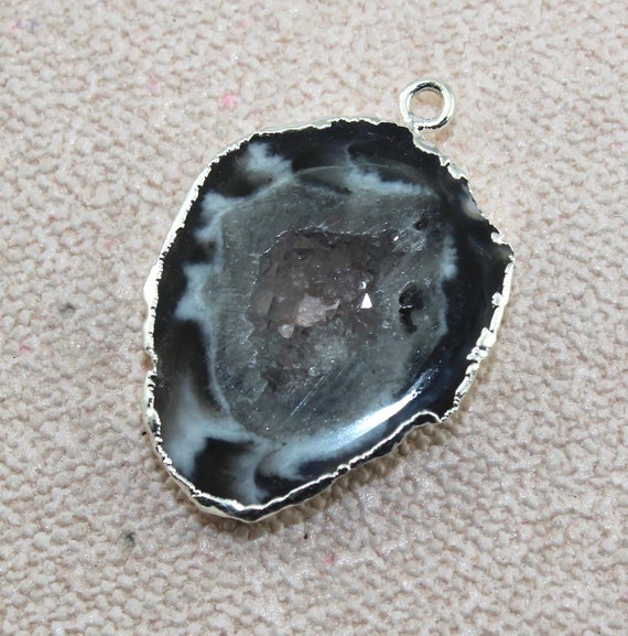 Natural Brazilian Geode Slice Gemstone Silver Plated Designer Connector Make DIY