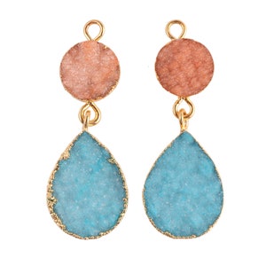 Round Pear Shape Natural Sugar Druzy Gold Plated Earrings Pairs Connectors, Druzy Drusy Earrings Components, DIY Sugar Druzy Earring