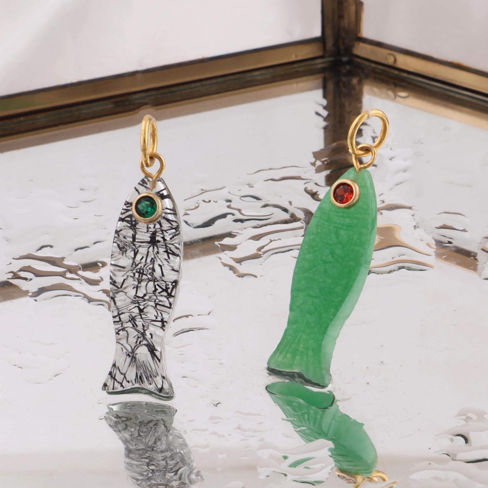 Rutile, Jade Carved Gemstone Fish Pendant, Gold Plated Charm with Emerald