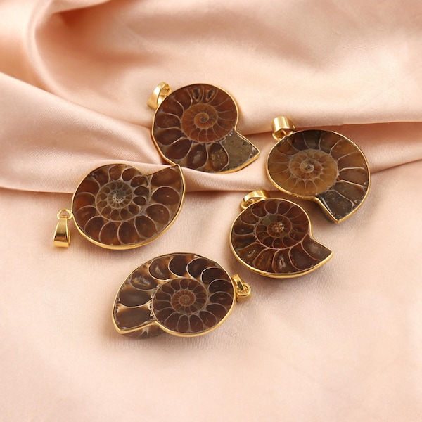 Natural Ammonite Pendant, Real Fossilized Ammonite Gold Plated Necklace Making DIY Jewelry Component