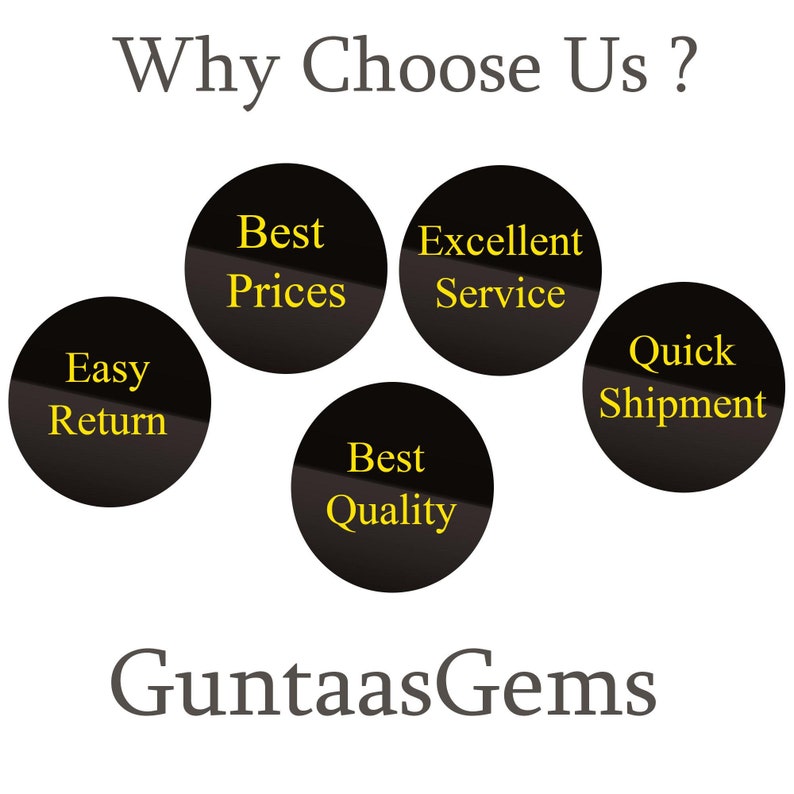 Peut inclure: Image avec le texte "Why Choose Us ?" et le nom de l'entreprise "Guntaas Gems". L'image pr&eacute;sente cinq cercles noirs avec du texte jaune : "Easy Return", "Best Prices", "Excellent Service", "Best Quality" et "Quick Shipment".