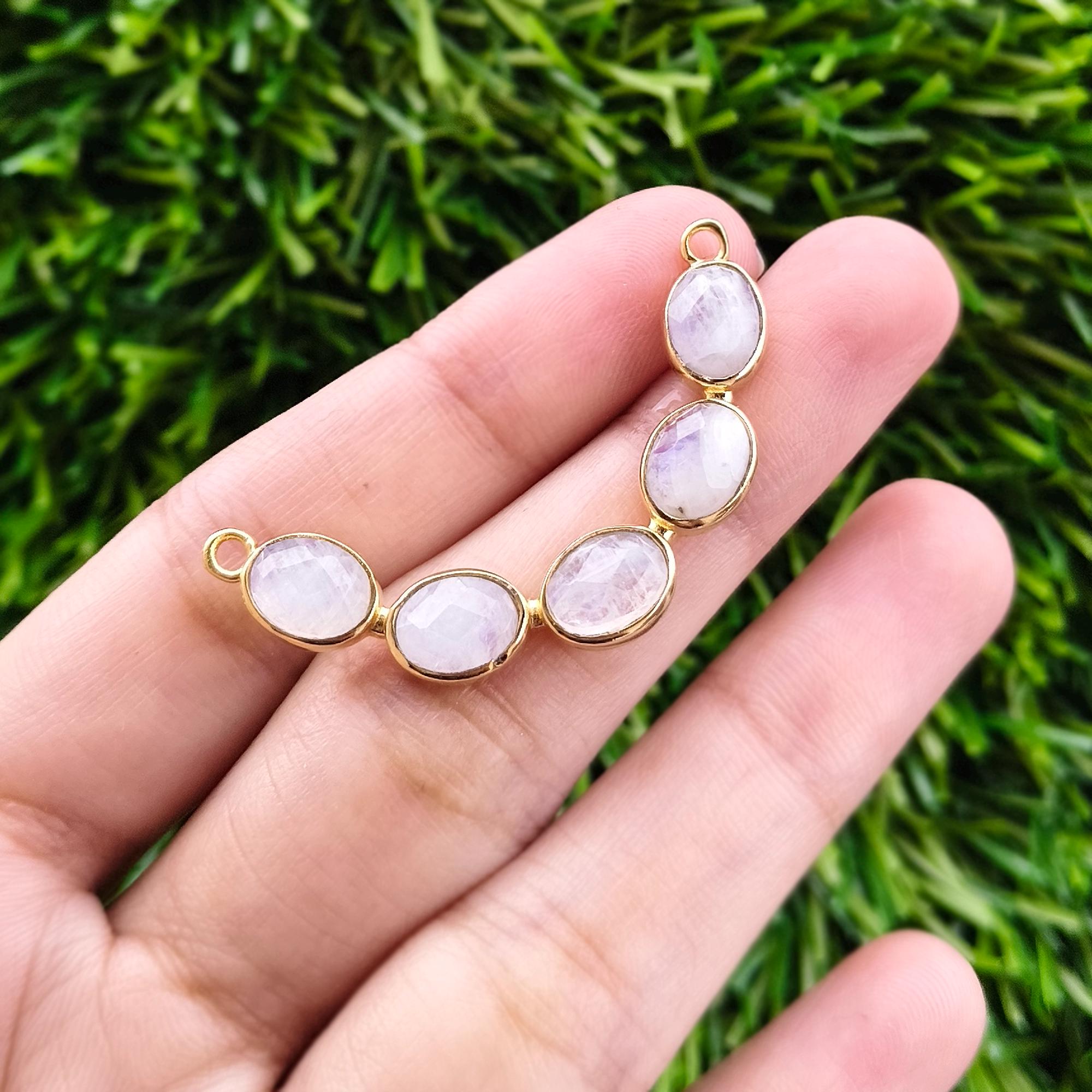 Natural Rainbow Moonstone Pendant Connector Charm, Gold Plated