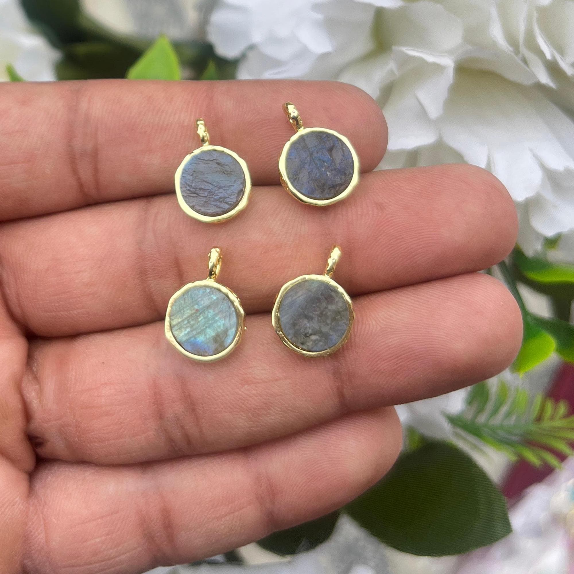 Gold Plated Gemstone Connector Charm, Rainbow Moonstone