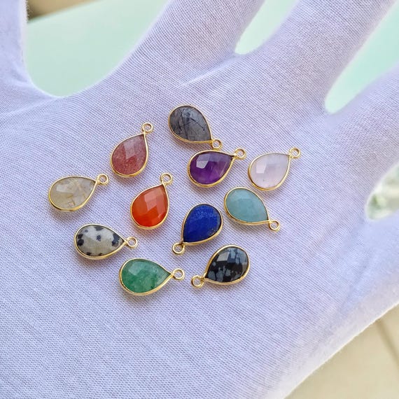 8x12mm Mixed Gemstone Pear Charms Connector Gold Plated Bezel