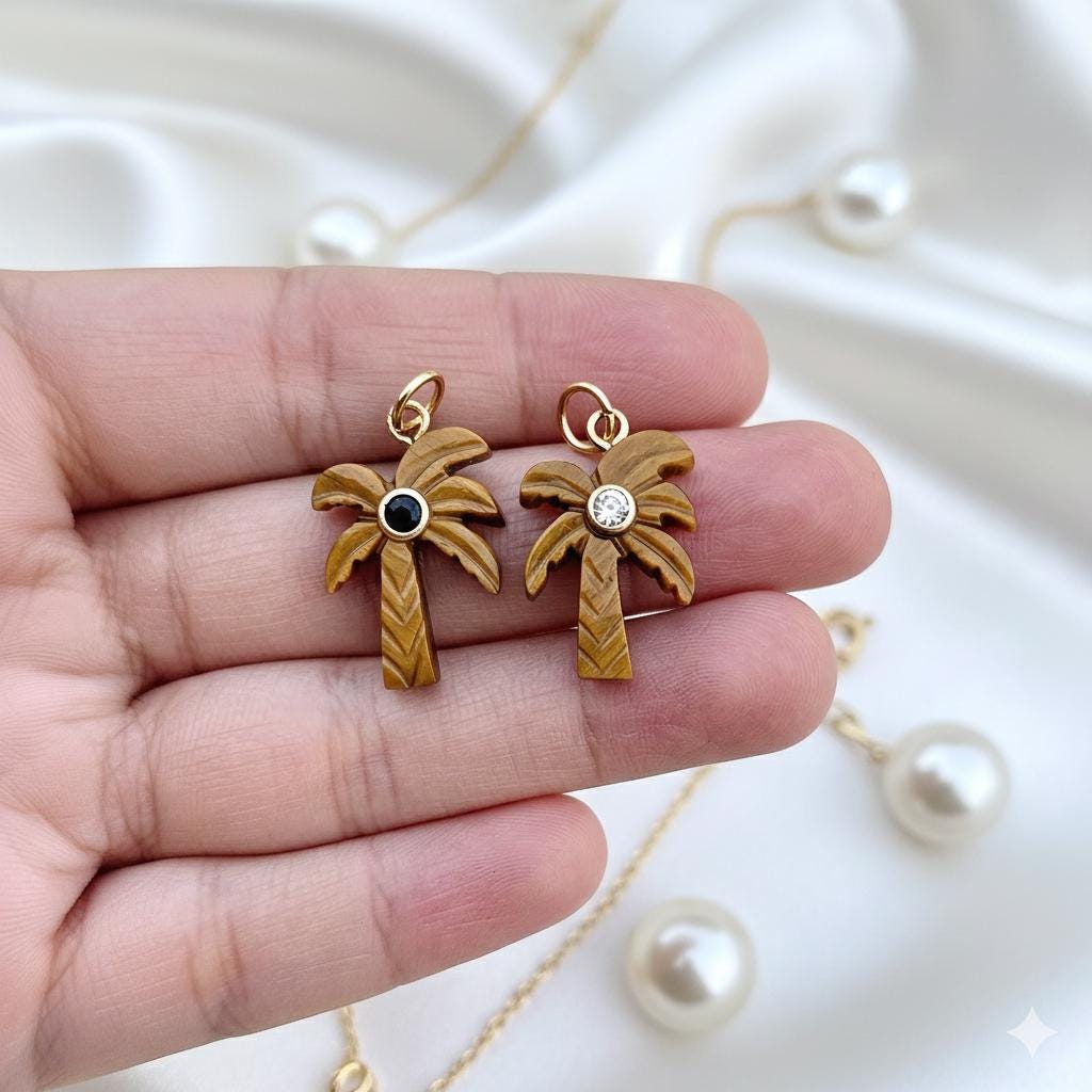 Tiger Eye Coconut Palm Tree Carved Pendant Charms Necklace Gemstone