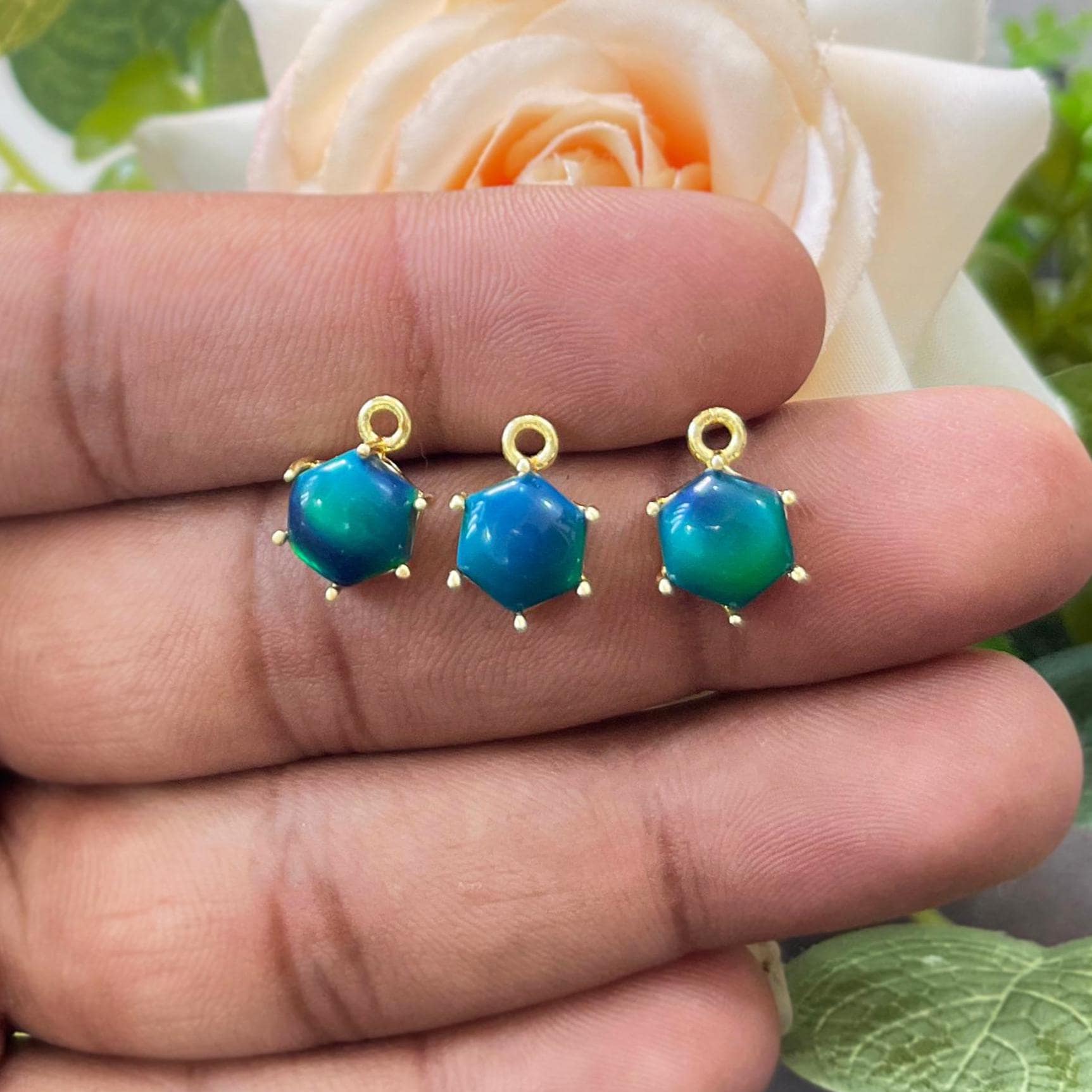 Fire Opal Gemstone Pendant Charms, Gold Plated Hexagon Prong Set Connector