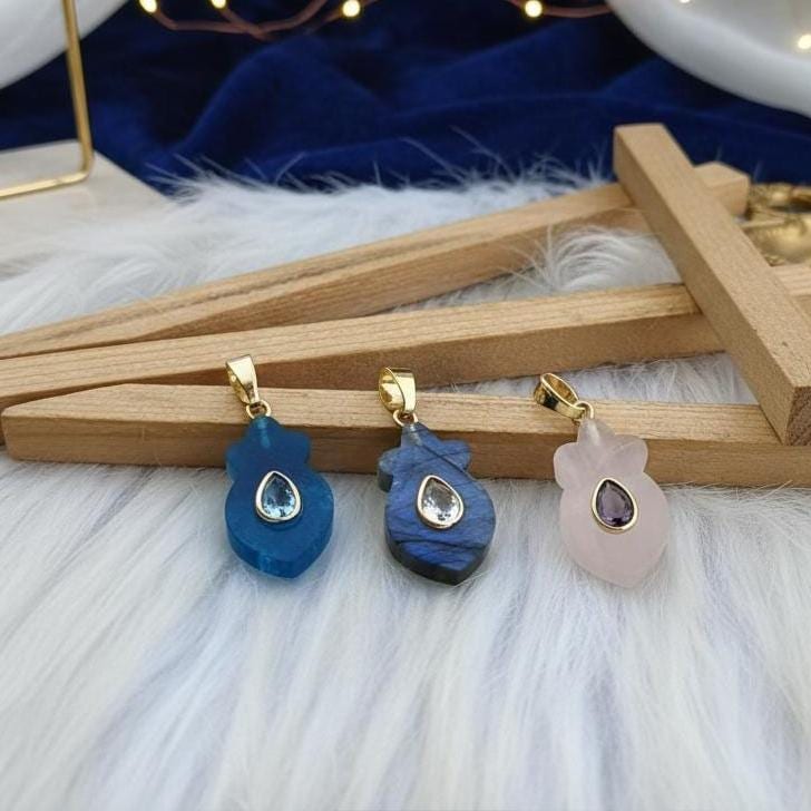 Labradorite Carved Pendant Charm, Gold Plated Teardrop Bezel Accent Gemstone Necklace