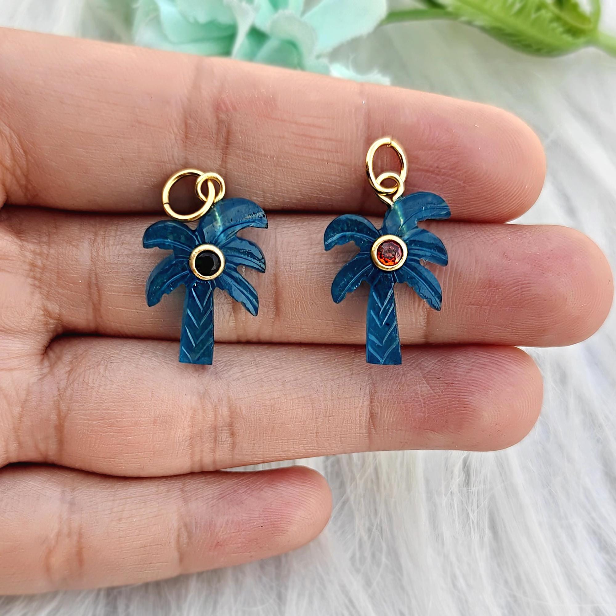 Carved Apatite Jade Palm Tree Pendant Charm, Gold Plated Tiny CZ Connector Jewelry