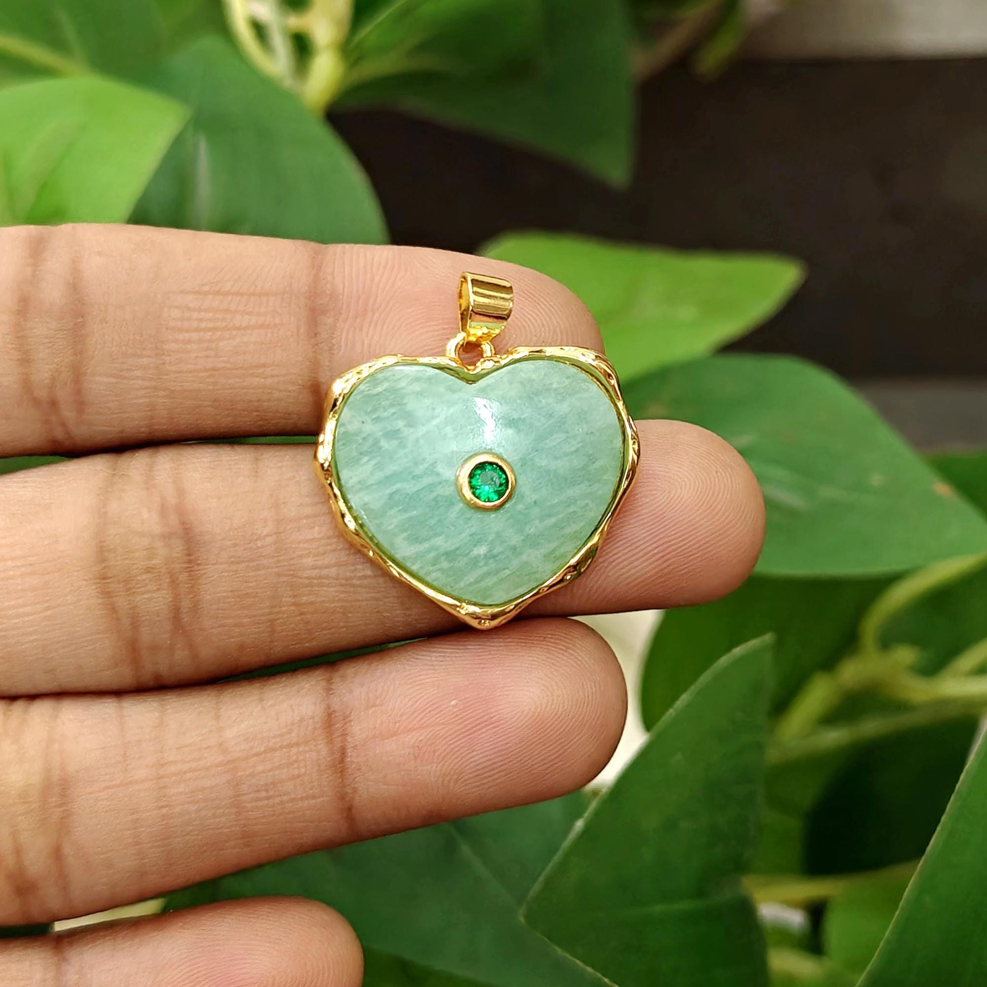 Amazonite Heart Pendant Charm Gold Plated with Emerald CZ