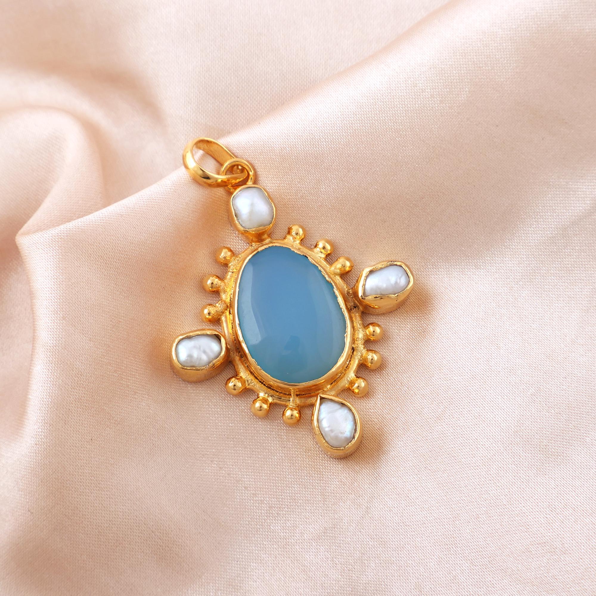 Gold Plated Blue Chalcedony Pendant, Freshwater Pearl Accent Necklace Charm