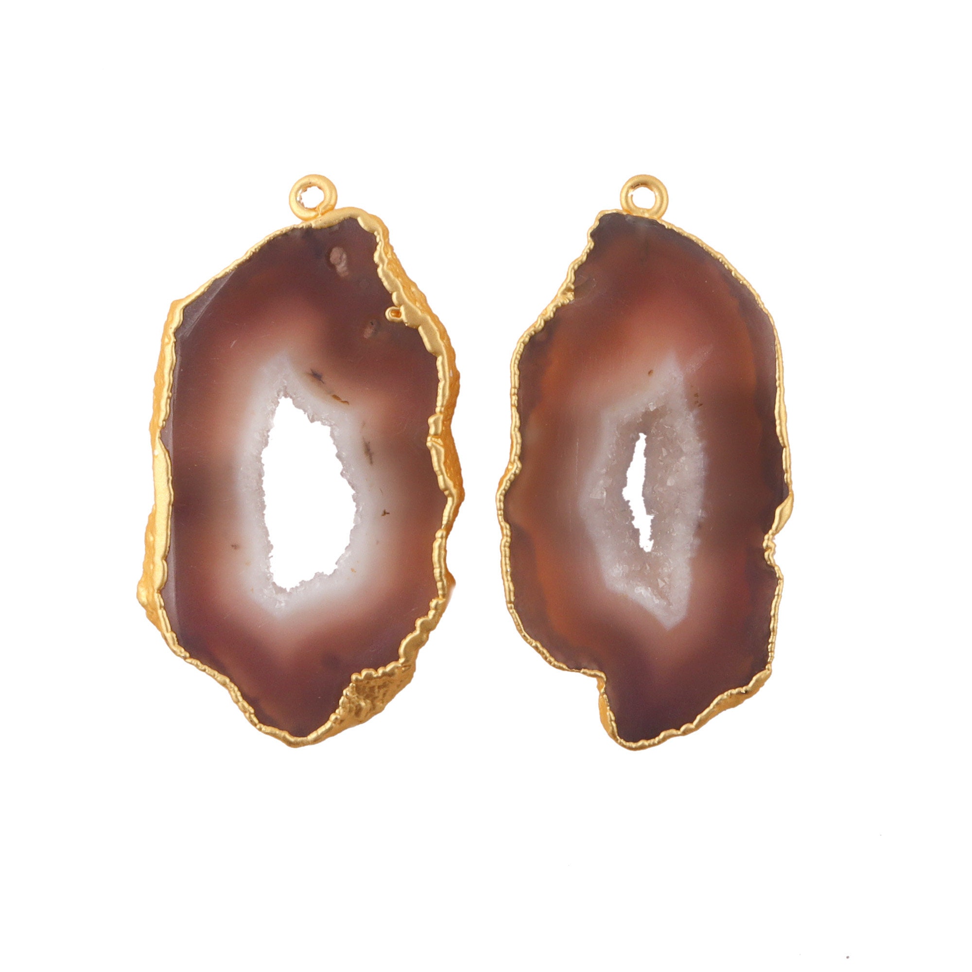 Lot De 4 Attaches Plaquées Or Pour Créations De Bijoux - Tranches De Géode Naturelle Marron/rose