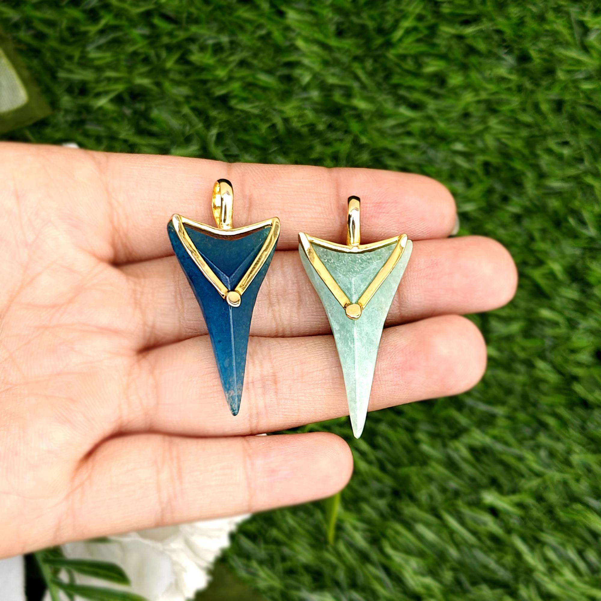 Blue Apatite Jade Dagger Pendant Charm, Amazonite Spike Necklace Gold Plated