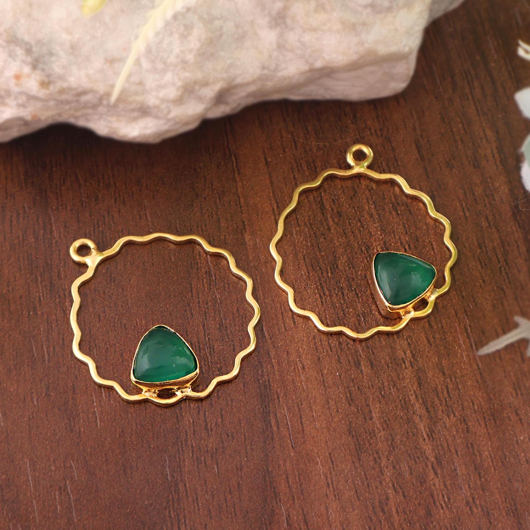 Trillion Green Onyx Circle Earring, 18K Gold Plated Gemstone Pair