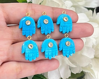 Turquoise Hamsa Hand Pendant: Carved Gemstone Necklace Jewelry Making Connector Charm