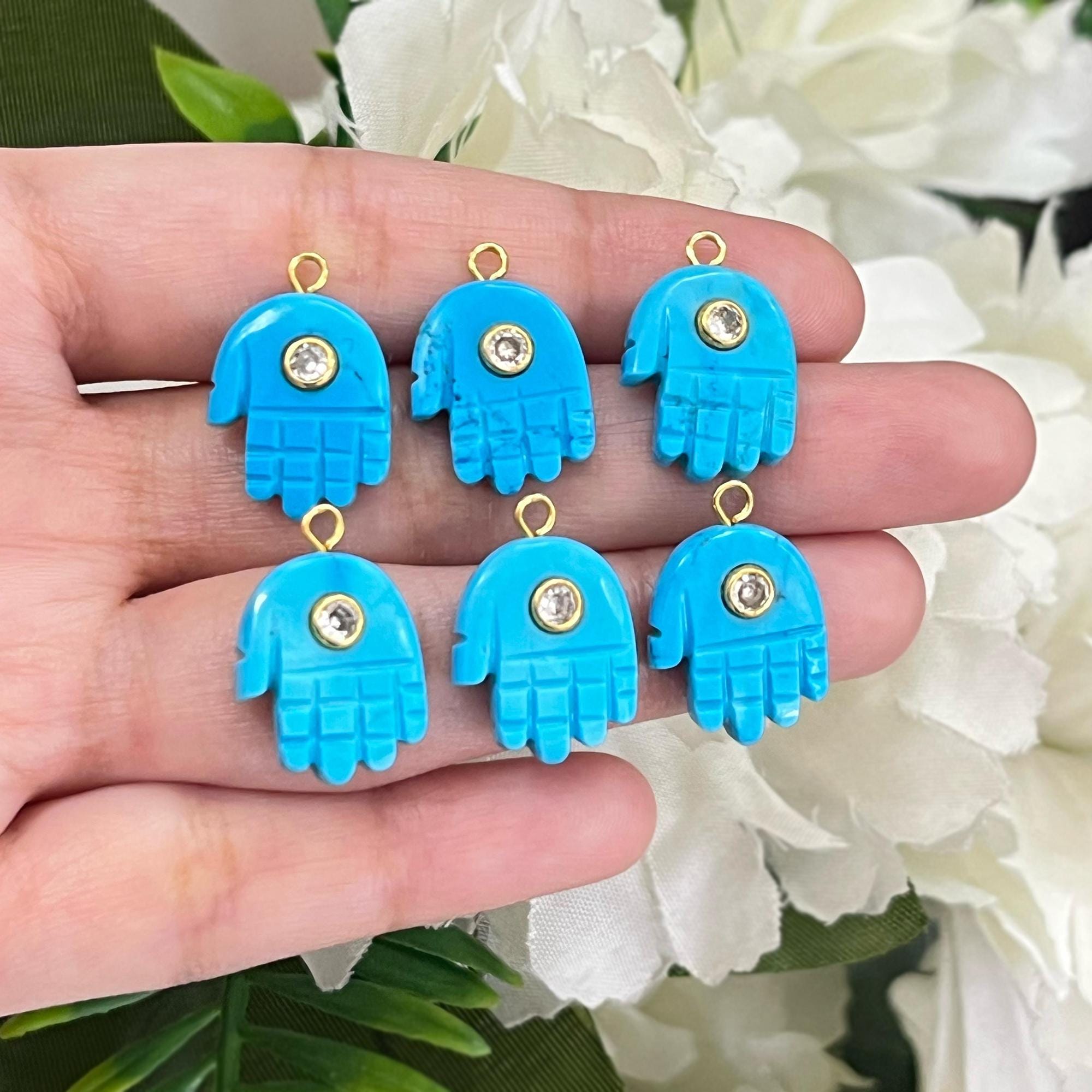 Turquoise Hamsa Hand Pendant, Carved Gemstone Necklace Connector Charm