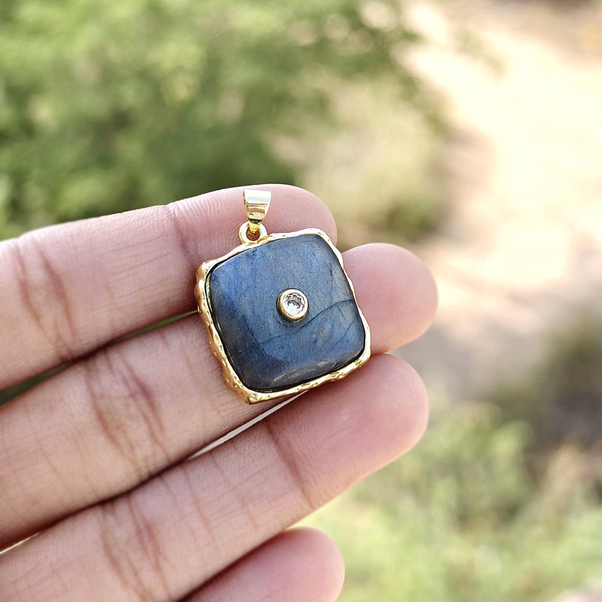 Natural Labradorite Pendant Charm with CZ Accent, Gold Plated Brass Necklace