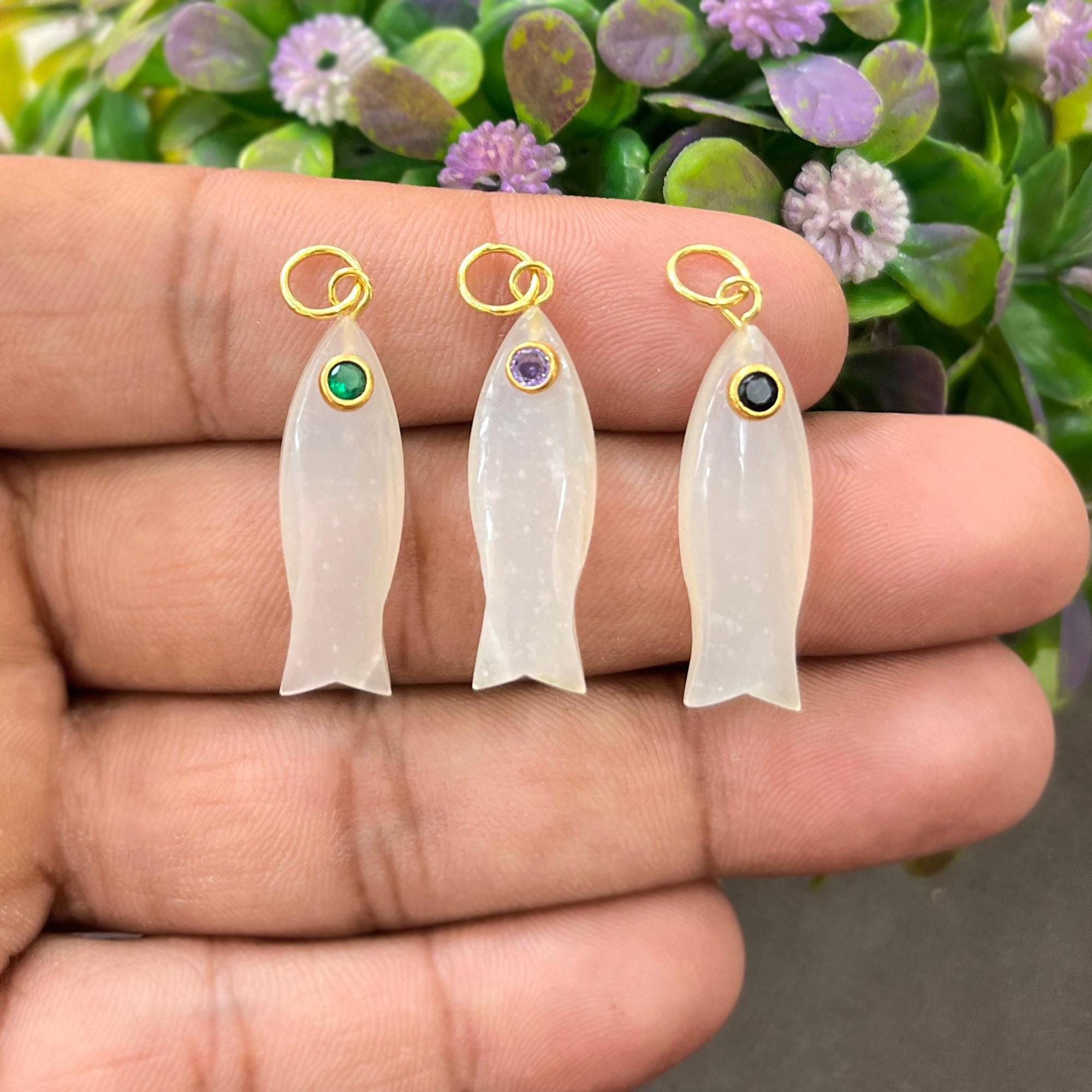 White Moonstone Fish Pendant with CZ Eye