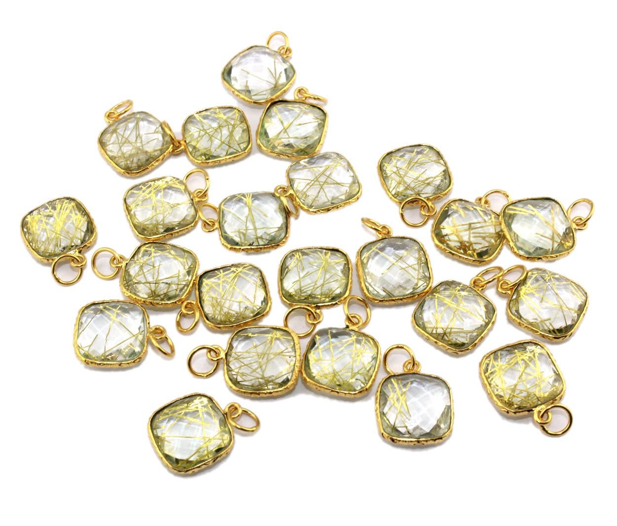 Golden Rutile Quartz Pendant, Gold Plated Cushion Charm 12mm Pendant Charms