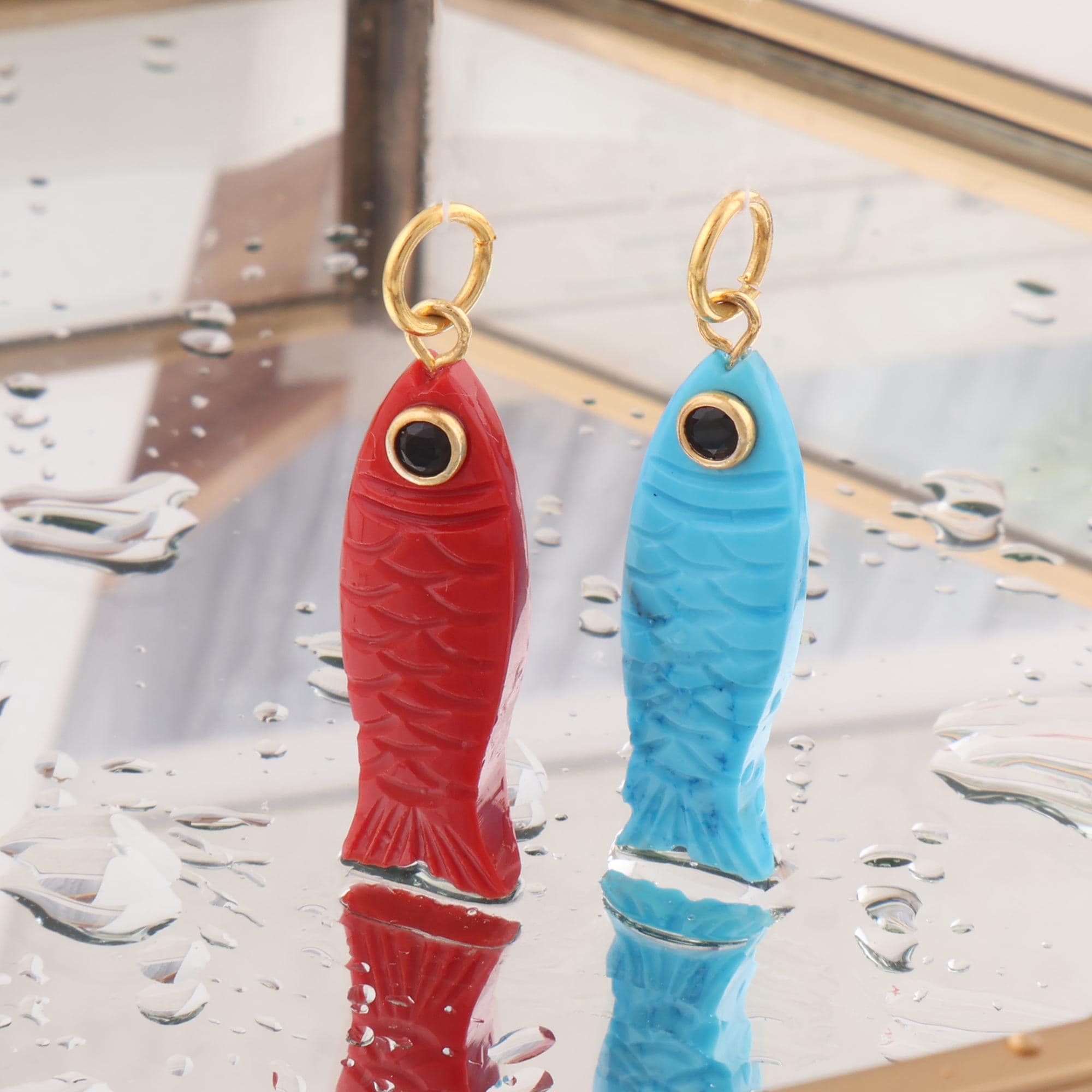 Red Coral, Turquoise Carved Gemstone Fish Pendant