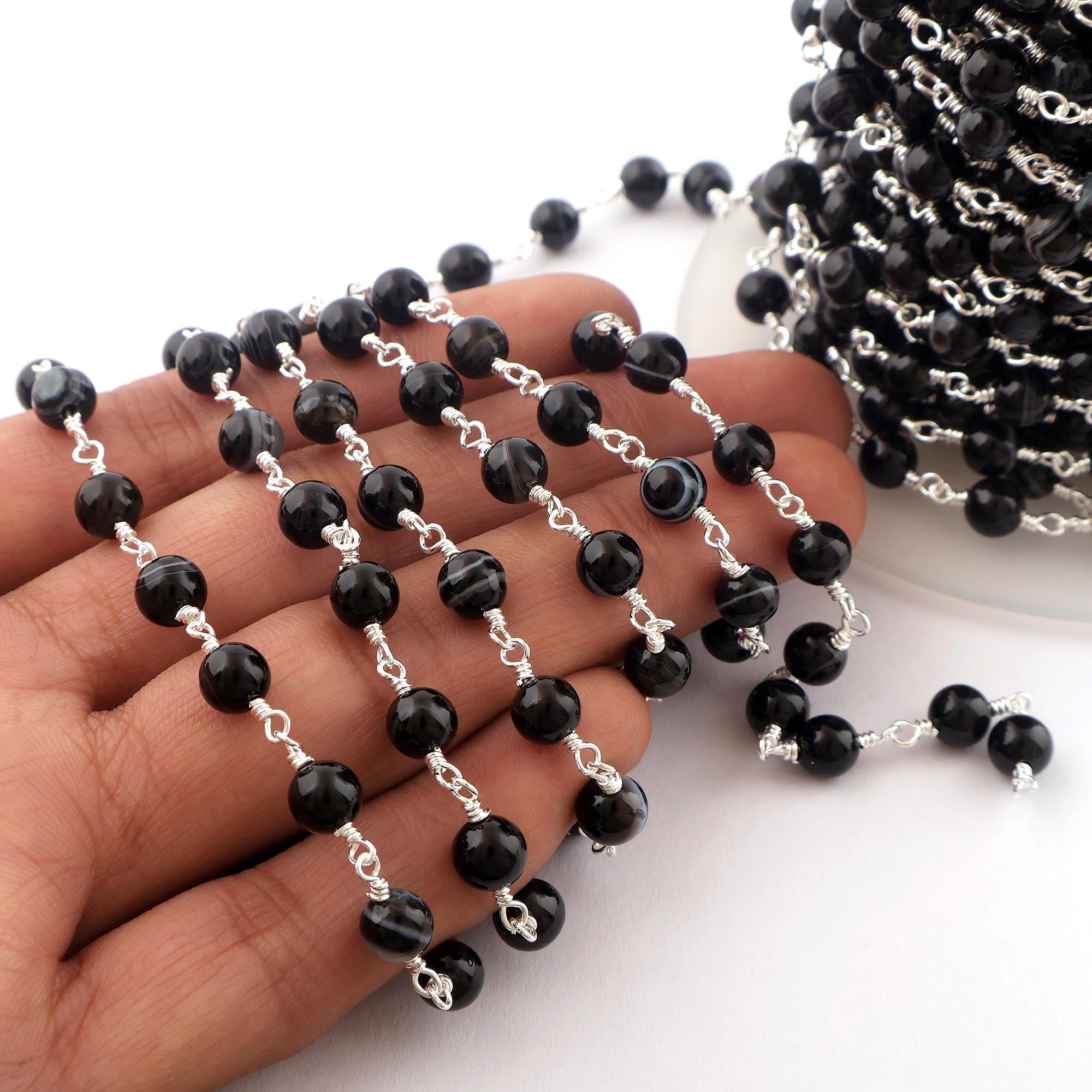 ブラックオニキスシルバーメッキロザリオチェーン - 6 mm DIY