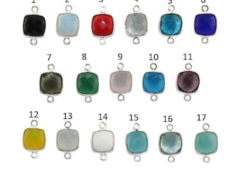Silver Plated Gemstone Connector Charms:  8mm Cushion Cut Double Bail   Checker Cut